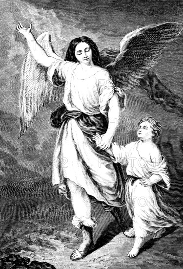 The guardian angel Angel, after Bartolomé Esteban Murillo (1617-1782) painter, angel leading child,