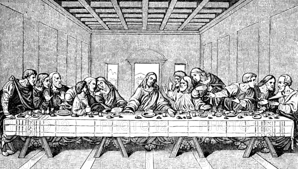 Mural painting The Holy Supper (1495-1497) after Leonardo da Vinci, Last Supper of Jesus,