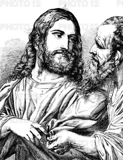 Oil painting The Interest Gain, after Tiziano Vecellio (ca. 1516) Titian, Christ with Pharisees,