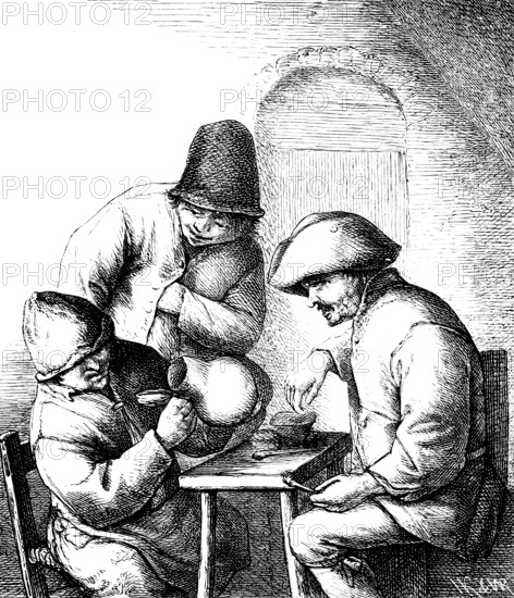 Peasants playing dice, three men at the table, jug, drinking, poverty, laughing, fun, closing time,