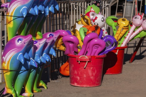 Red plastic buckets with colorful balloons in unusual shapes including cats etc, and dolphins in a
