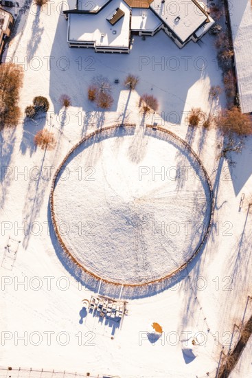 Aerial view of a circular area in snow surrounded by trees, Celtic Tomb, Nagold, Calw district,