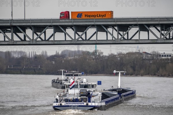Cargo ships, Krefeld-Uerdinger bridge across the Rhine, near Krefeld-Uerdingen, North