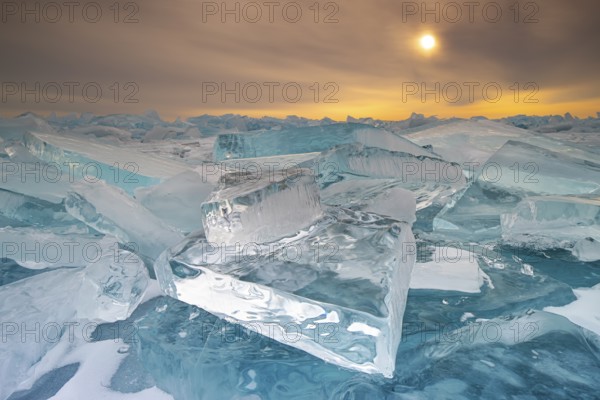 Lake Baikal, ice hummocks—fragments of broken ice in winter, ancient freshwater lake, UNESCO World