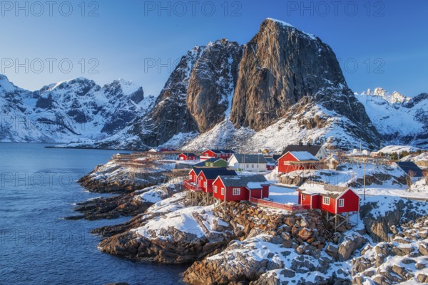 Winter scenic view of fishermen's cabins on Hamnøy, Lofoten Archipelago, Norway