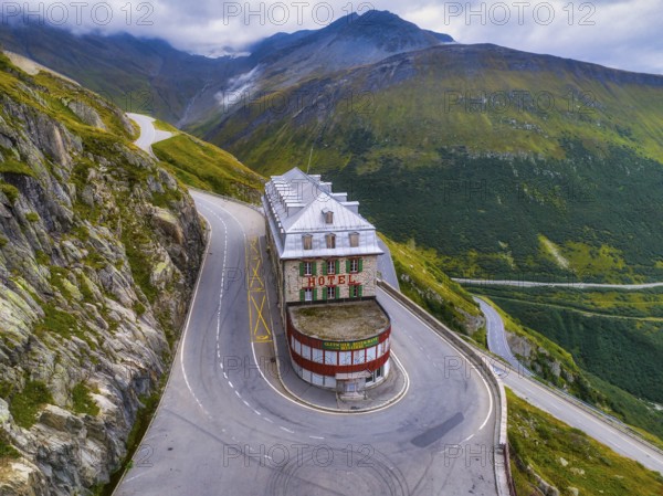 Hotel Belvedere, Aerial view in summer season, Furka Pass, Obergoms, Goms District, Valais,