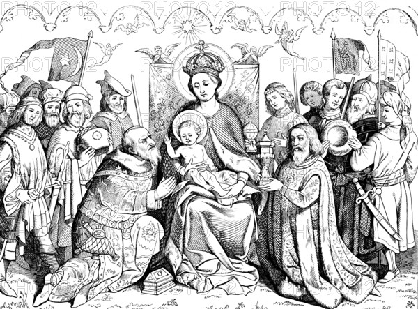 Cologne cathedral image or altar of the city patrons, 15th century, Mary, Adoration of Jesus, Magi,