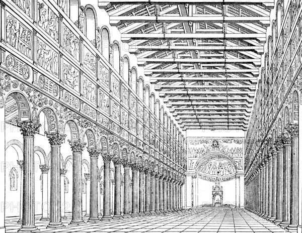 San Paolo Fuori le Mura, Papal Basilica San Paul Outside the Walls, main nave with coffered