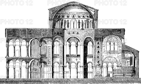 Cross-section of the San Vitale in Ravenna, late antique architecture of the 6th century,
