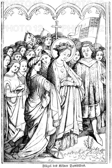 Left wing of Cologne Cathedral painting, Saint Ursula with eleven virgins, winged altar, painting,