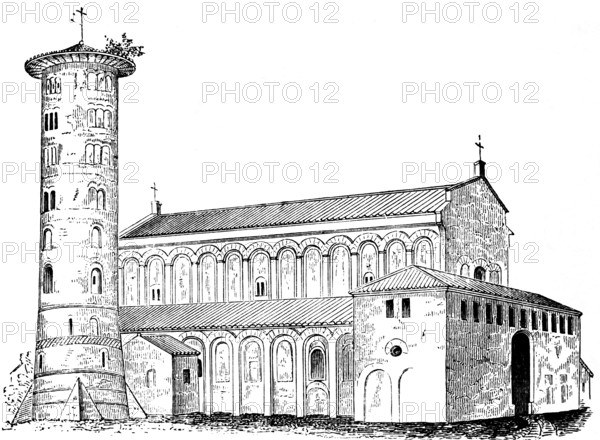 S. Apollinare in Classe, 6th century, Ravenna, three-nave basilica, Romanesque exterior view, round