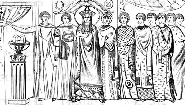 Empress Theodora and entourage, ladies in waiting robes and court officials, mosaic from St. Vitale