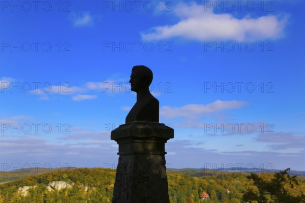 Wilhelm Hauff memorial, rocks above the Echaz Valley, monument from 1839, obelisk with bronze bust,