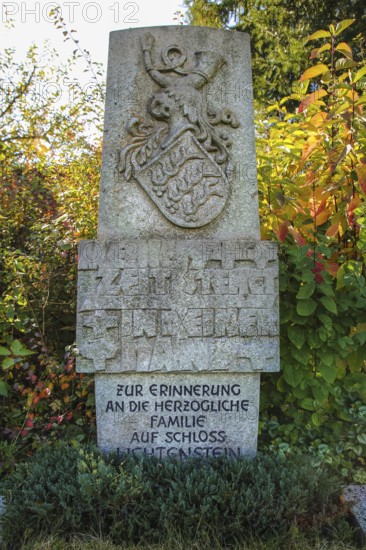 Memorial, memorial stone in memory of the ducal family at Lichtenstein Castle, coat of arms, stone