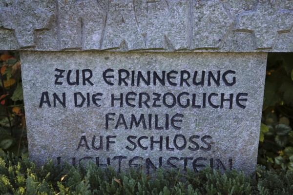 Memorial, detail, memorial stone in memory of the ducal family at Lichtenstein Castle, coat of