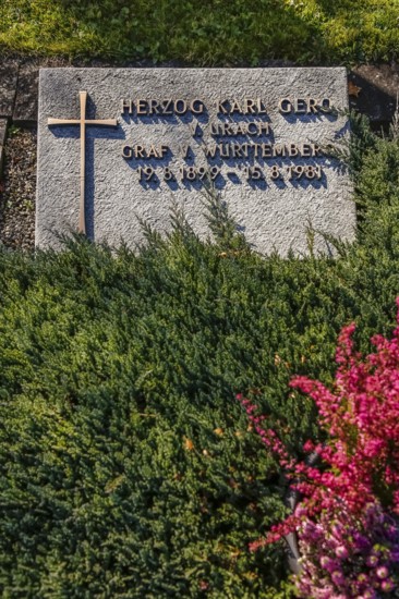 Tombstone, Duke Karl Gero von Urach, Count of Württemberg 1899 to 1981, cross, letter, grave,