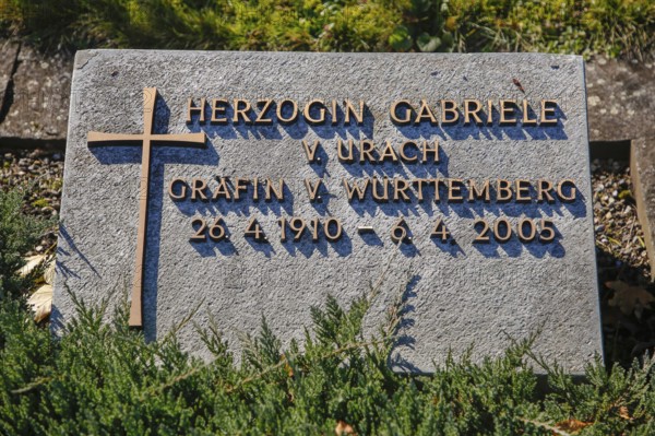 Tombstone, Duchess Gabriele von Urach Countess of Württemberg 1910 to 2005, cross, letter, grave,