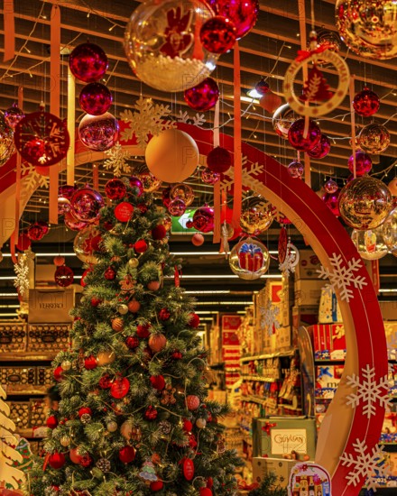 Christmassy decorated candy shop with Christmas tree and Christmas balls, Iconsiam shopping center,