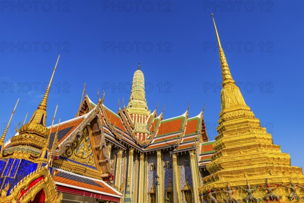 The Grand Royal Palace, Wat Phra Kaeo Buddhist Temple, buildings with overlapping roofs with curved
