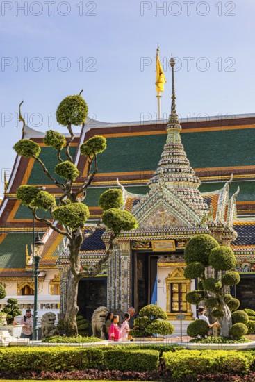The Grand Royal Palace, trees with spherical branches, Dusida Bhirom Hall in the back, Phra Nakhon,