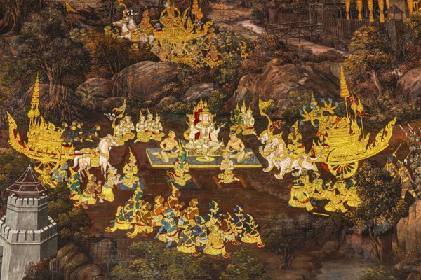 The Grand Royal Palace, Wat Phra Kaeo Buddhist Temple, wall painting on galleries with Buddhist