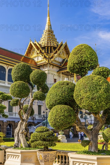 The Grand Royal Palace, trees with spherical branches, in the back the Chakri Maha Prasad throne