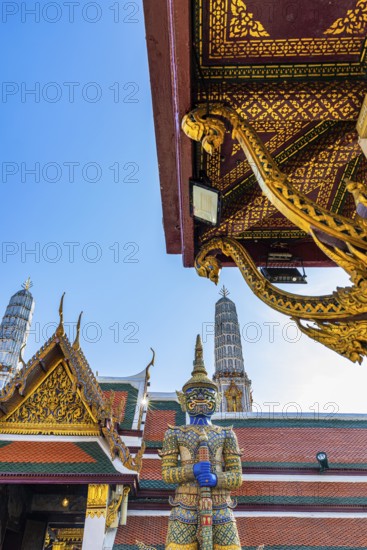 The Grand Royal Palace, Wat Phra Kaeo Buddhist Temple, guarded by a Yaksha, Phra Nakhon, Bangkok,