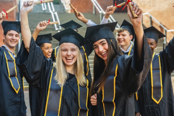 Group of happy student graduates wearing caps and gowns, cheering and holding rolled up diplomas,