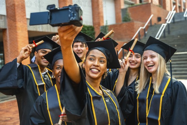Group of happy diverse university graduates celebrating their achievement, smiling and laughing