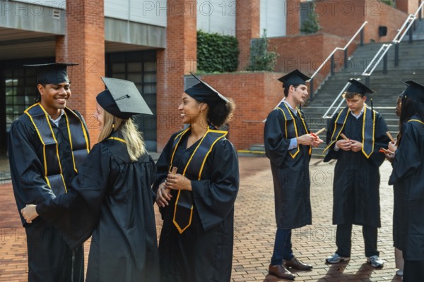 Happy diverse students wearing graduation caps and gowns, holding diplomas, and conversing outdoors
