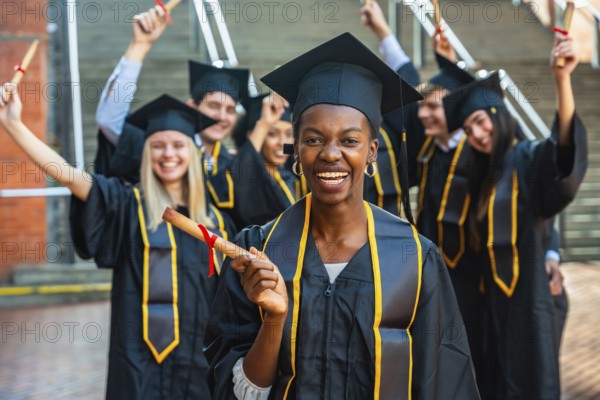Happy young graduates in caps and gowns smiling and celebrating together on campus, holding