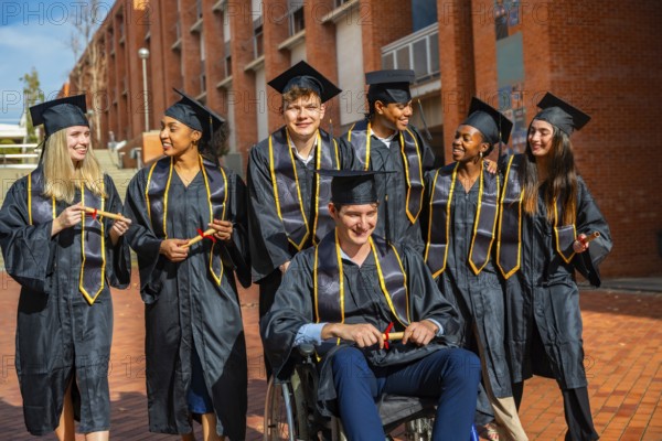 Diverse group of young adult students wearing academic gowns and mortarboards, holding diplomas and