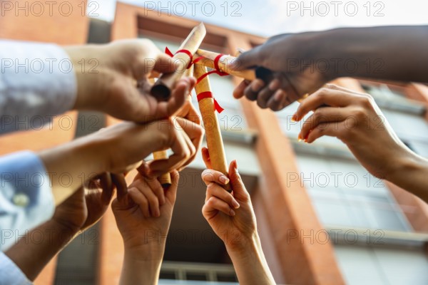 Diverse group of university students holding rolled up diplomas with red ribbons in the air against