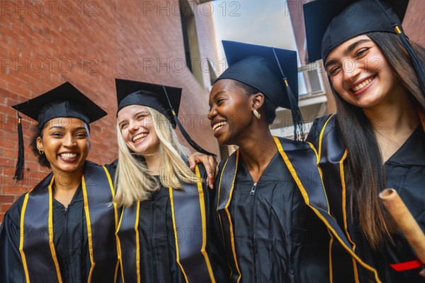 Diverse group of smiling female university students wearing graduation caps and gowns with stoles,