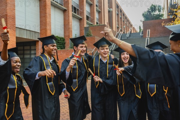 Diverse group of young students wearing graduation caps and gowns, holding diplomas, and happily