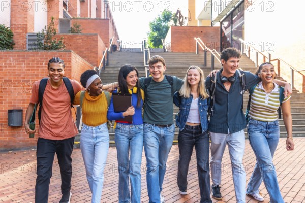 Diverse group of happy young adult university students walking arm in arm after classes on campus,