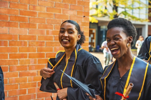 Diverse women graduates wearing academic gowns and caps, holding diplomas, smiling and laughing