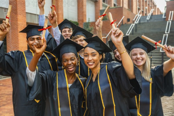 Group of happy young university graduates wearing academic dress and caps, raising diplomas in