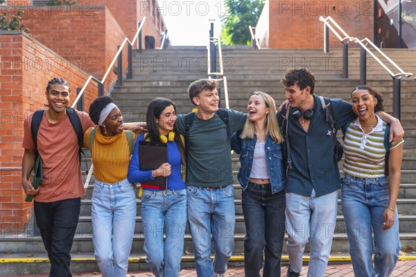 Group of happy young adult students from different ethnic backgrounds walking together on a