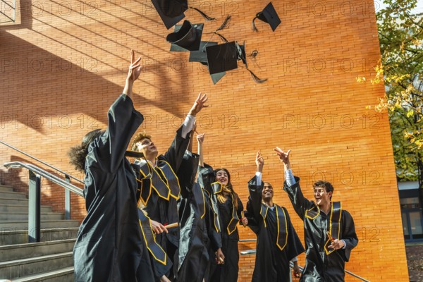 Group of diverse university students celebrating graduation day outdoors, excitedly tossing their