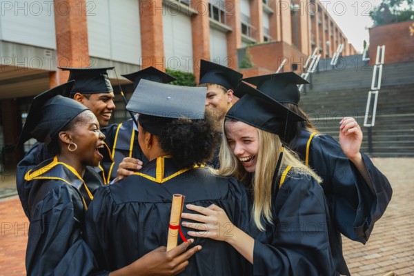 Graduated students are embracing each other and laughing, celebrating their academic achievement