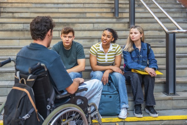 Group of young college students, including a man in a wheelchair, engaging in conversation and