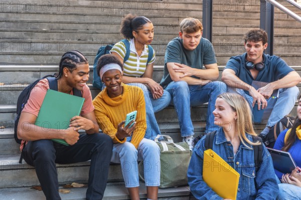 Diverse group of university students are relaxing and interacting on campus stairs, sharing moments