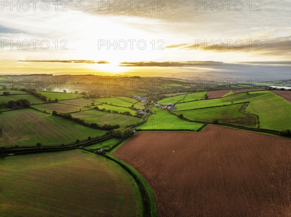 Colours of autumn Fields and Farms over Sheldon from a drone, Torbay, Devon, England, United
