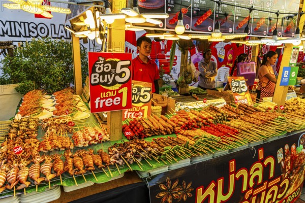 Booth with barbecue skewers, on the Asiatic Riverfront, Bangkok, Thailand's metropolis, Thailand