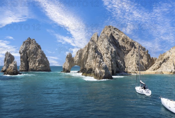 Scenic landmark tourist destination Arch of Cabo San Lucas, El Arco, whale watching and snorkeling