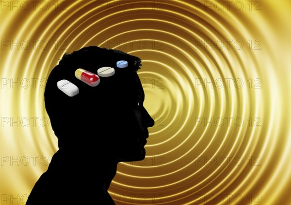 Symbolic image, person, pills, medication, delivery pass, addiction, risk of addiction, doctor,