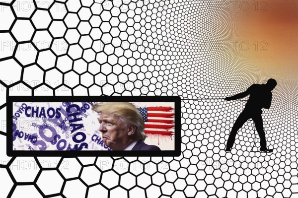Symbolic image, Trump and world chaos, chaos ending by moving, Europe and EU, Venezuela, Canada,