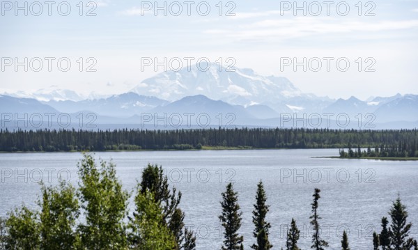 Lake Willow Lake, taiga landscape with high glaciated mountain peak Mount Blackburn, Wrangell