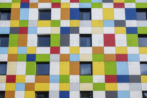 A brightly panelled house façade on an apartment building, Tuttlingen, Tuttlingen district,